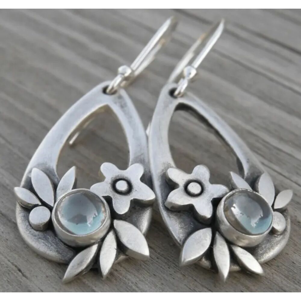 Pale Blue Resin Silver Floral 2" Drop Pear Shaped Daisy Earrings French Wires